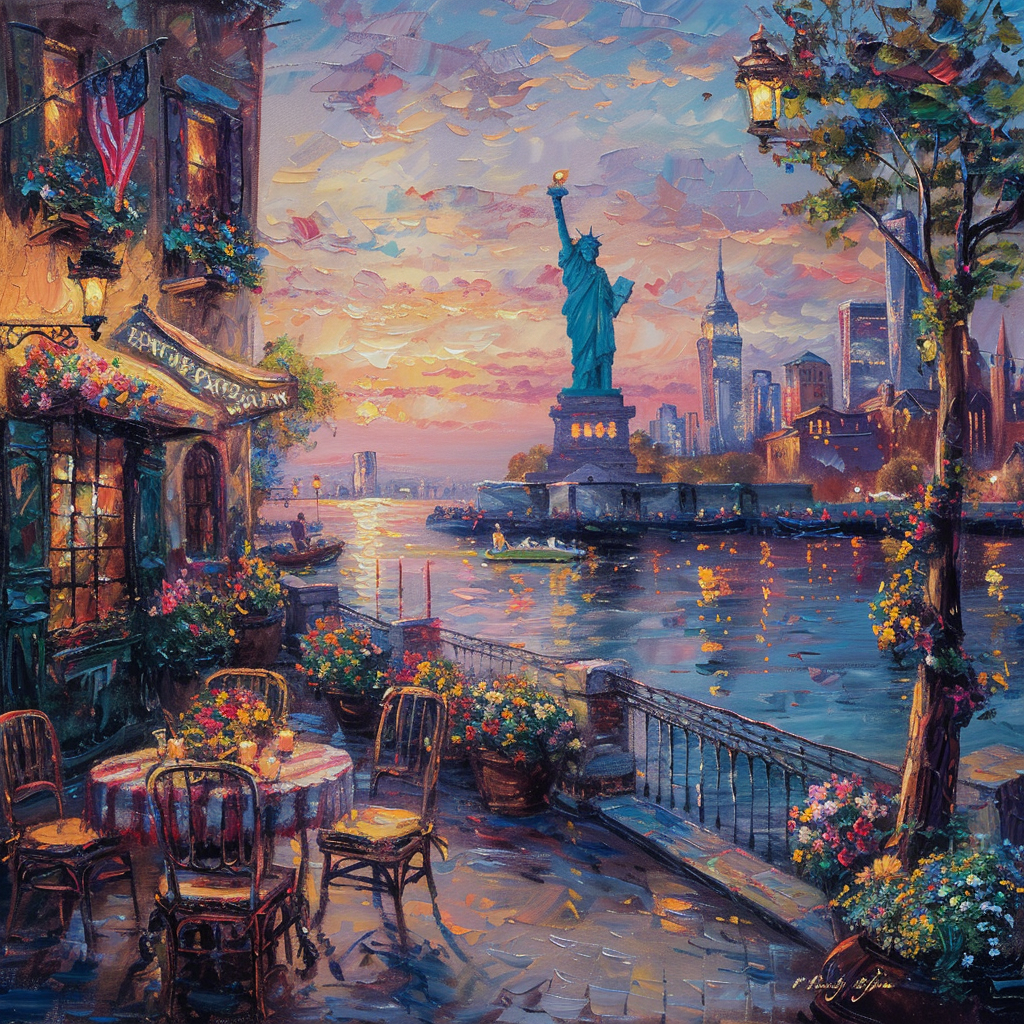 Thomas Kinkade style painting of Statue of Liberty, celebration.