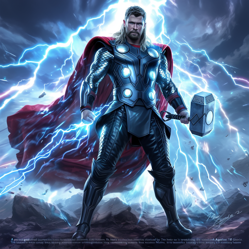 Thor superhero in silver armor with lightning energy