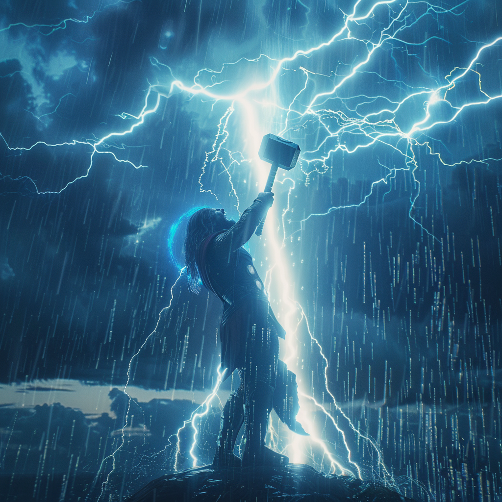 Thor wielding his hammer, summoning thunder from the sky.