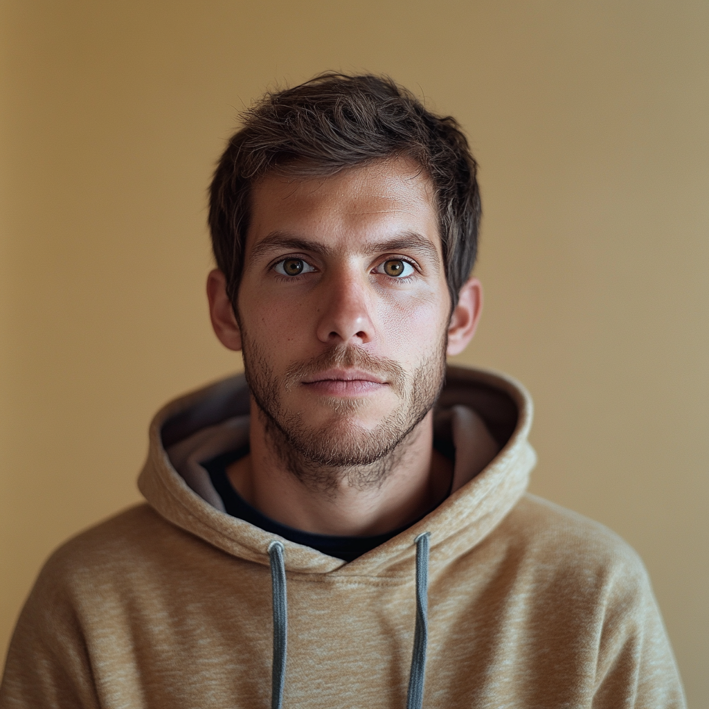 Thoughtful man in traveler hoodie, facing camera.