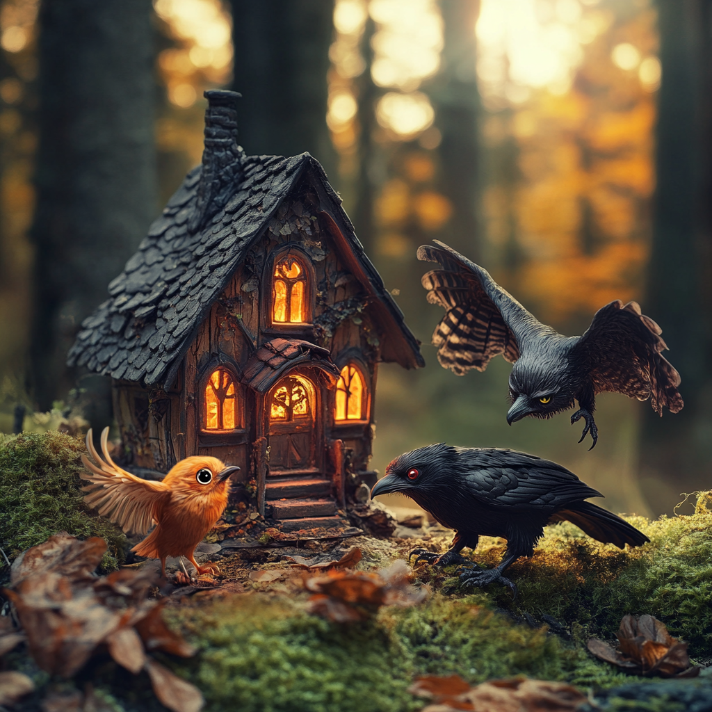 Three Animals Playing by a Miniature Forest House