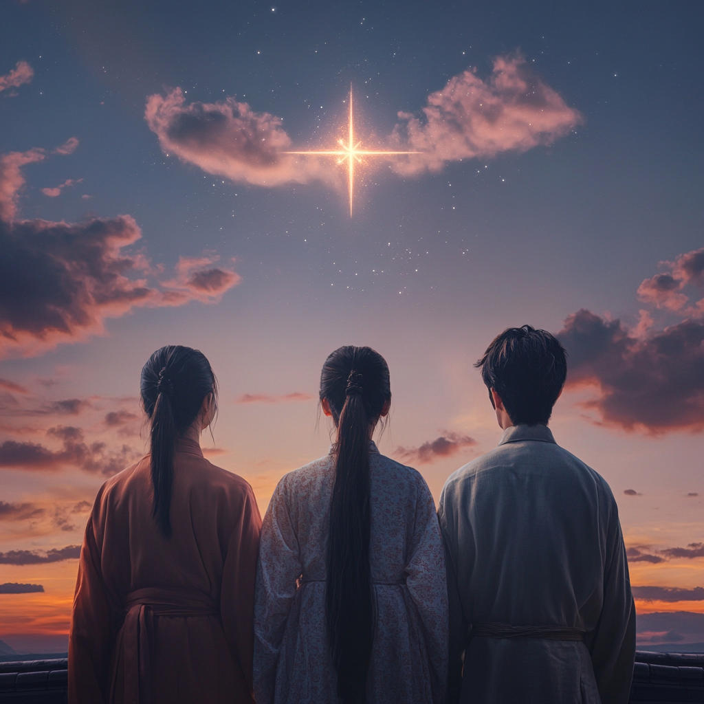 Three Asian friends gazing at star-shaped cloud at sunset.