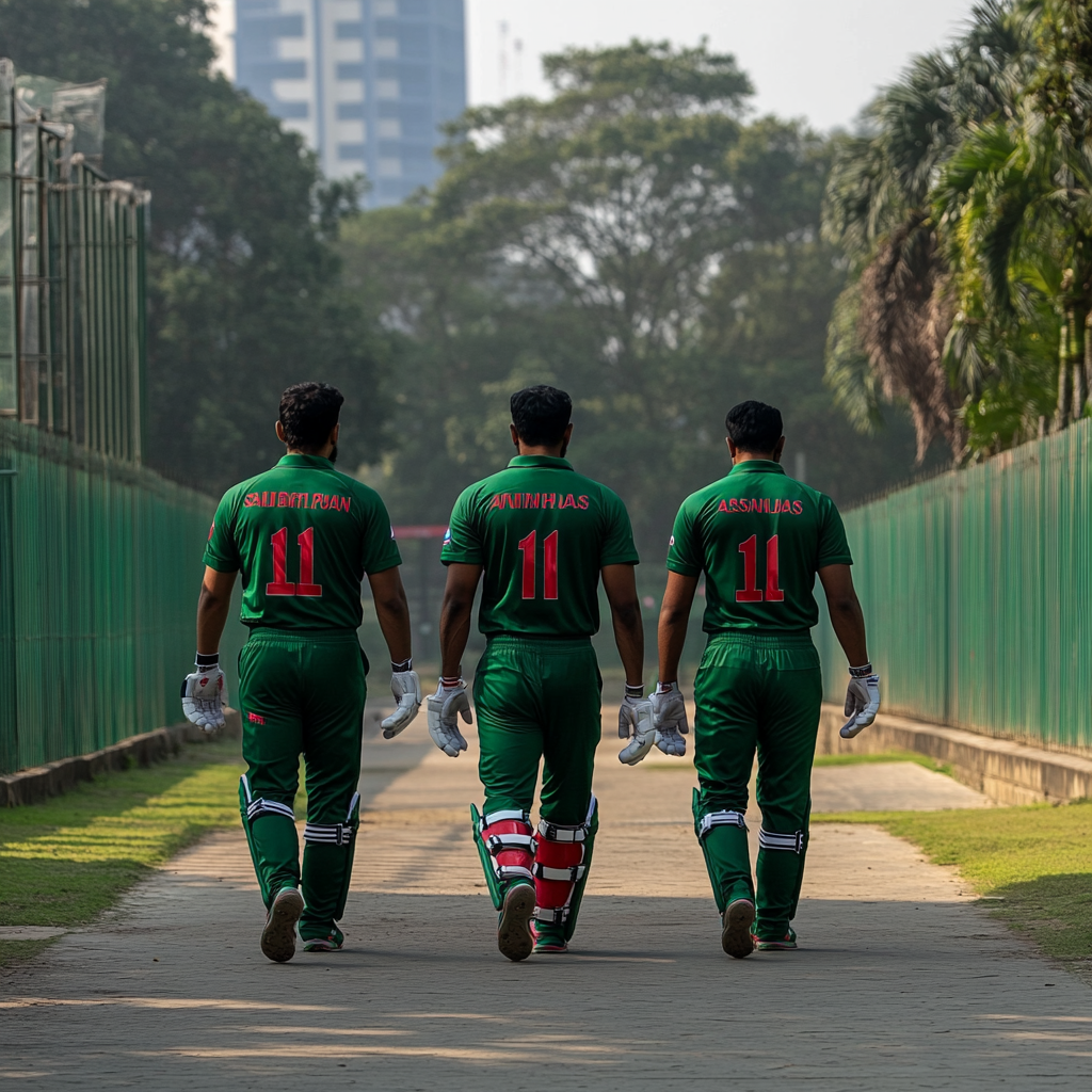 Three Bangladeshi cricketers walking towards Ahsan Manjil.