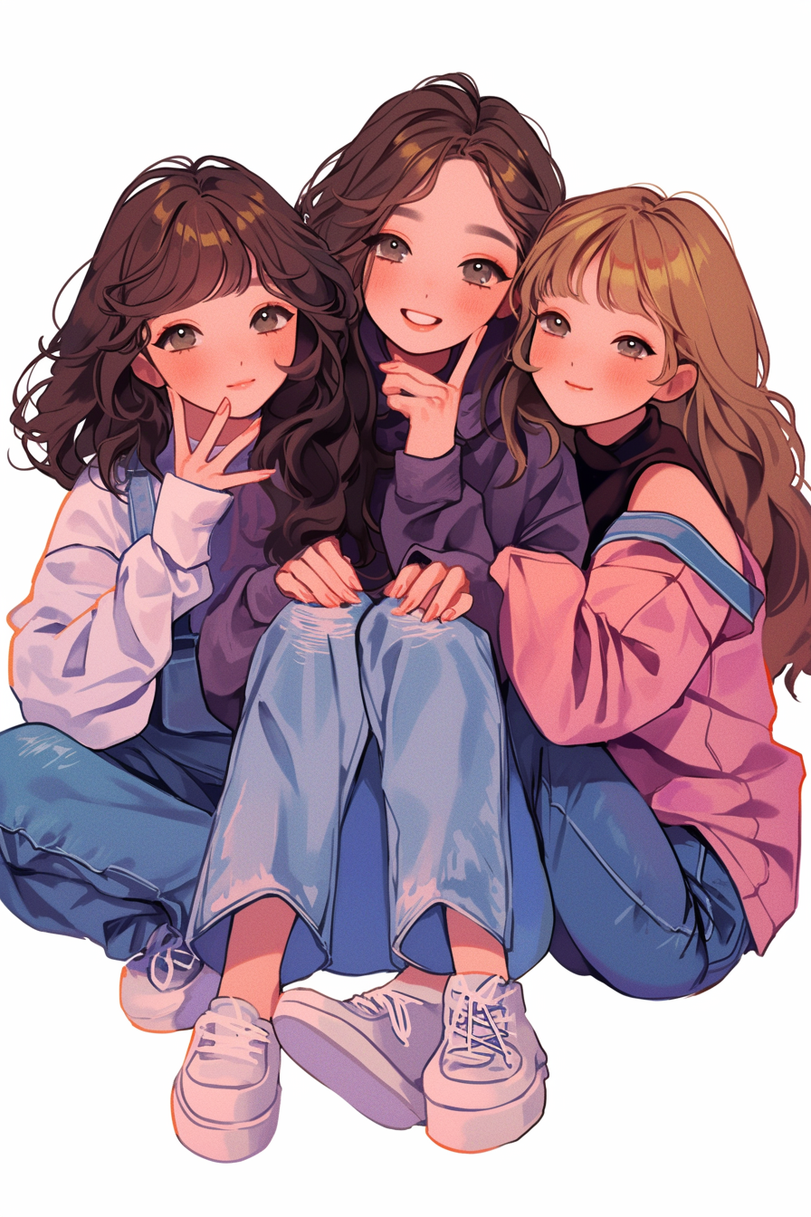 Three Cute Fashion Girls Sitting Together