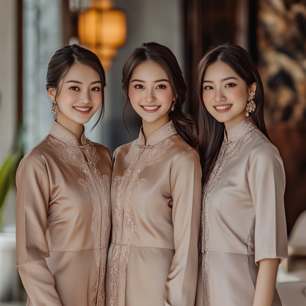 Three Elegant Asian Women in Luxurious Caftans