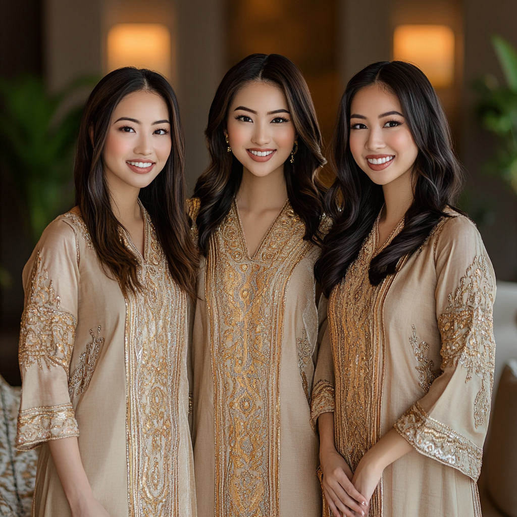 Three Elegant Young Asian Professionals in Luxurious Caftans