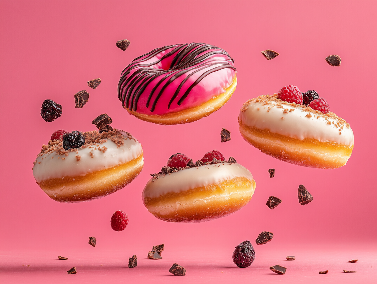 Three Floating Donuts with Unique Decorations