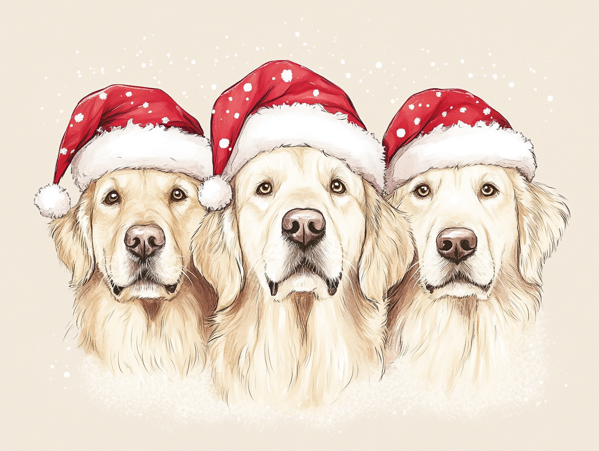 Three Golden Retriever heads in Santa hats, cute illustration.