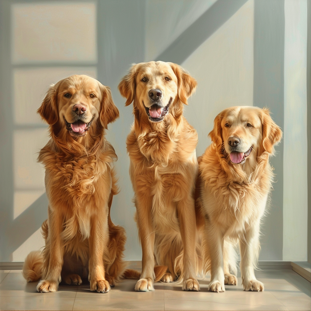 Three Golden Retrievers in Modern Home Stand Together