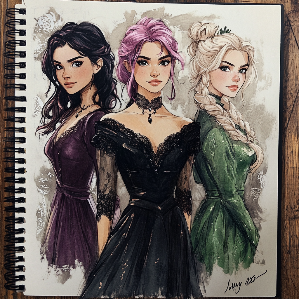 Three Hogwarts students in elegant evening dresses on notebook