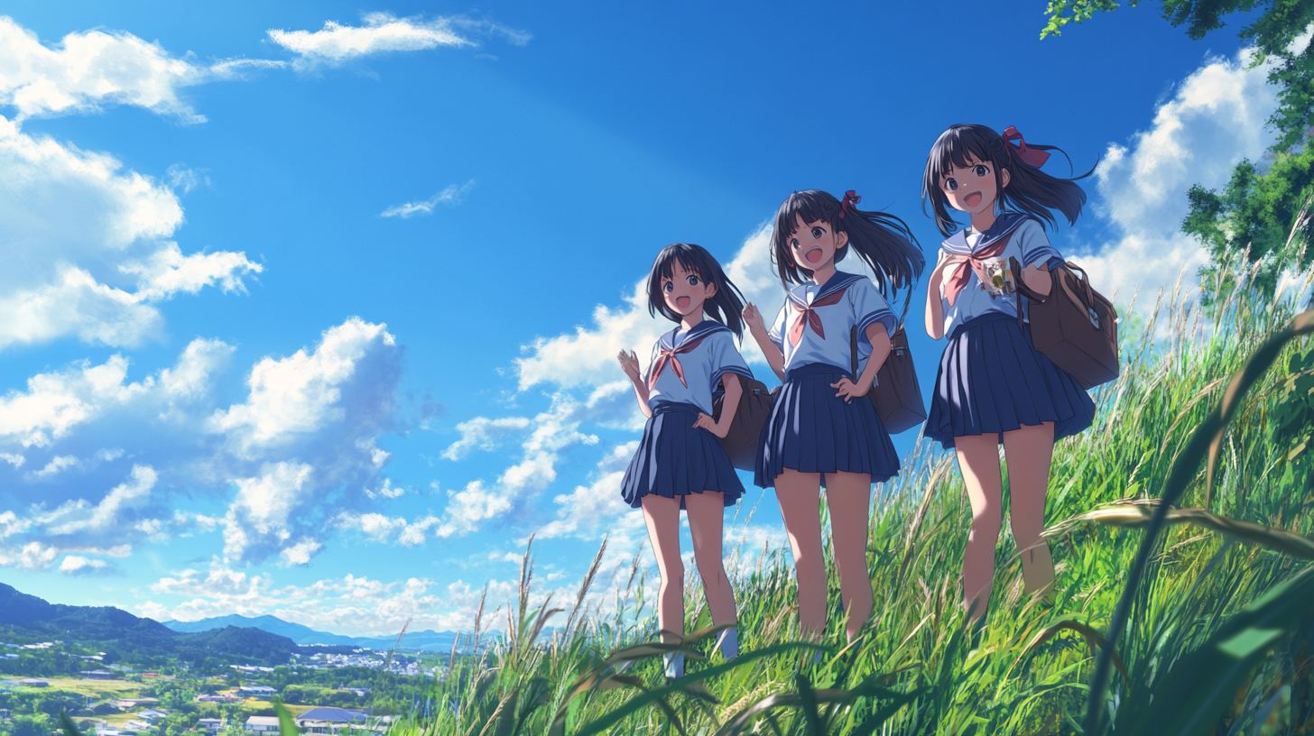 Three Japanese high school girls in traditional uniforms bonding.