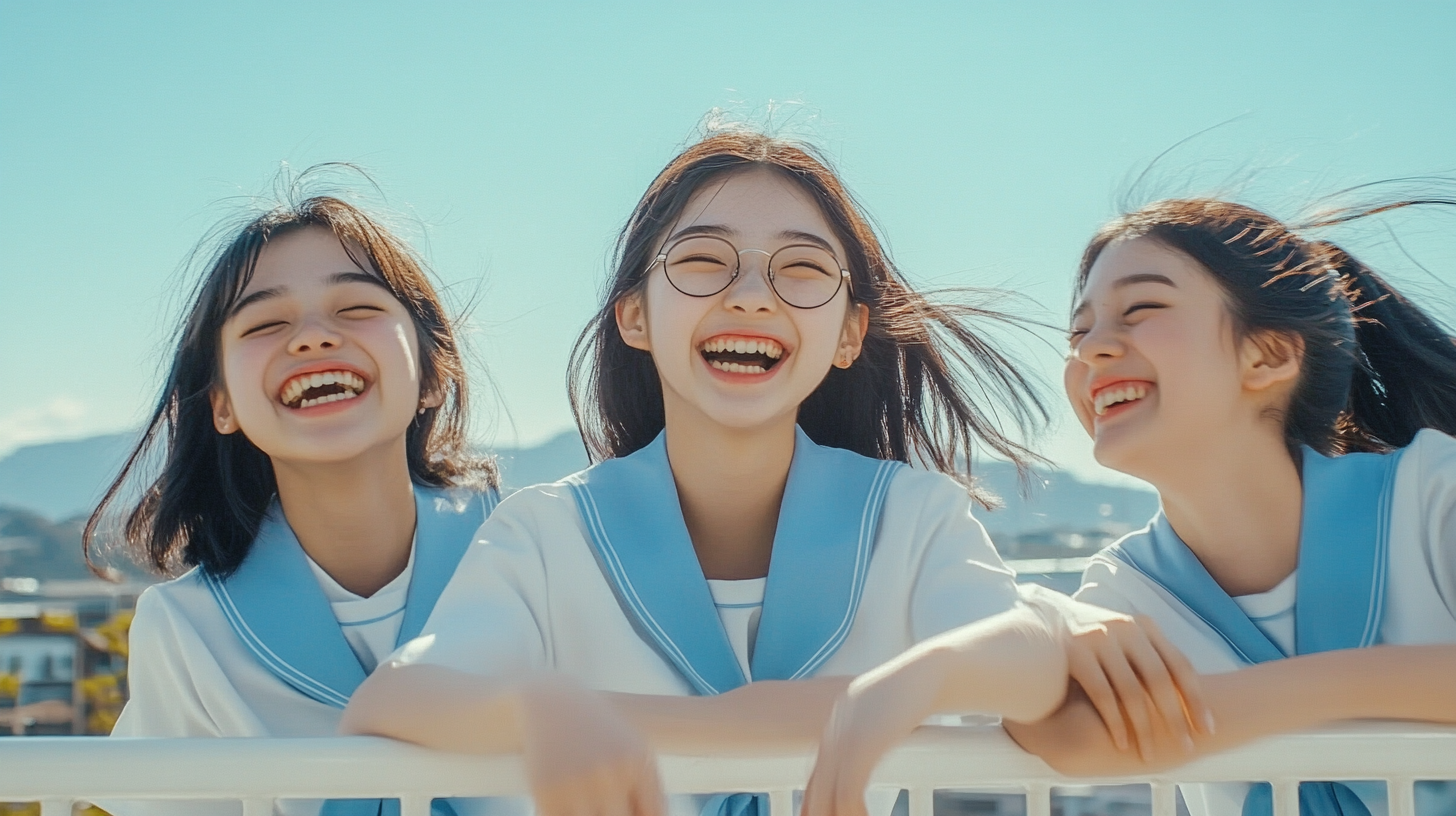 Three Japanese high school girls laughing on rooftop.