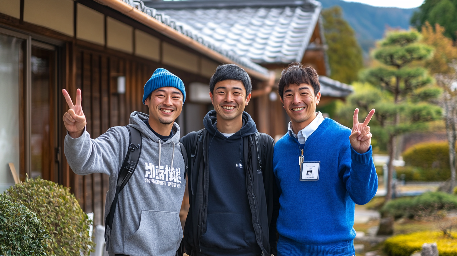 Three Japanese men posing happily with peace signs.