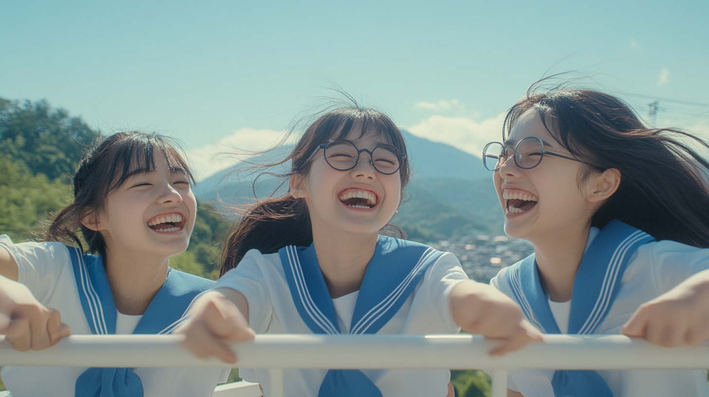 Three Japanese schoolgirls laugh joyfully on rooftop, mountains behind.