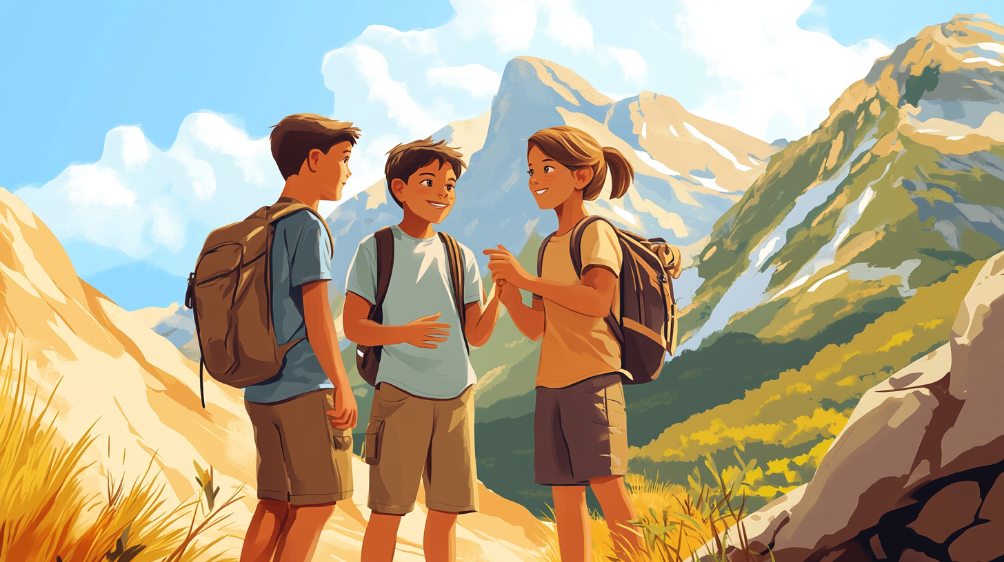 Three Kids Talking by a Mountain in Summer