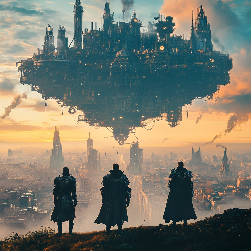 Three Knights Watching a Magical Floating City