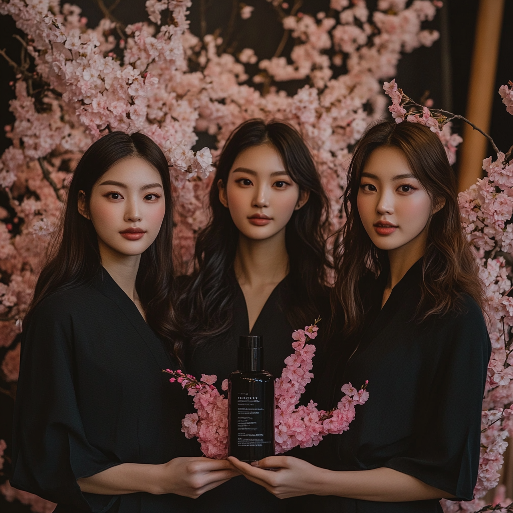 Three Korean models with black cream lotion and sakura