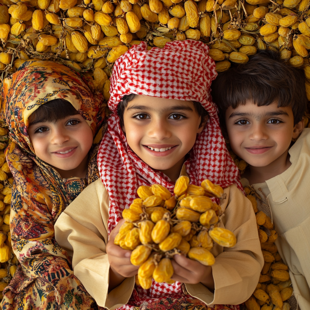 Three Omani Children Happy Among Yellow Dates