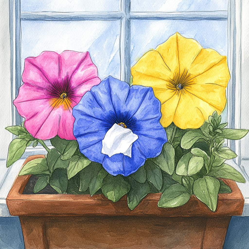 Three Petunias in Planter Box, Storm Damage - Children's Book Style Illustration