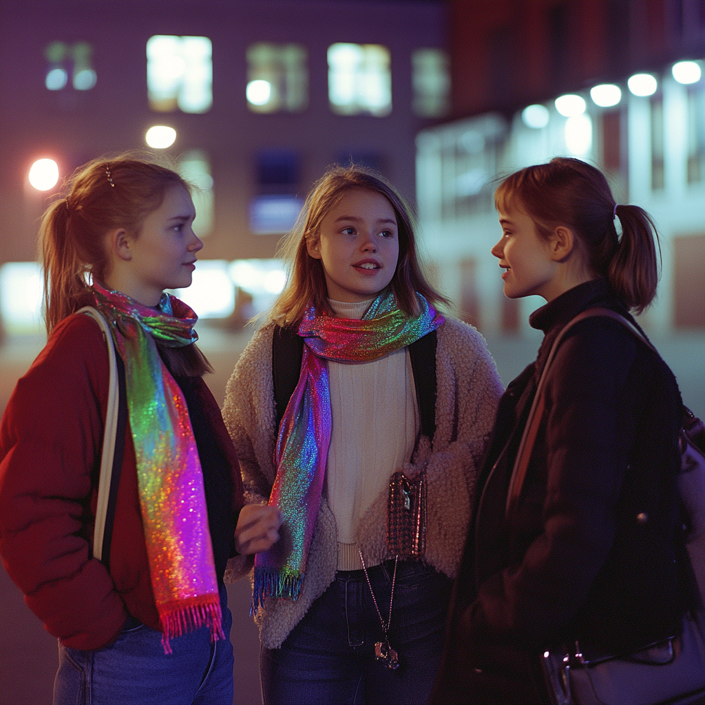 Three Scandinavian Girls Chatting outside School at Night