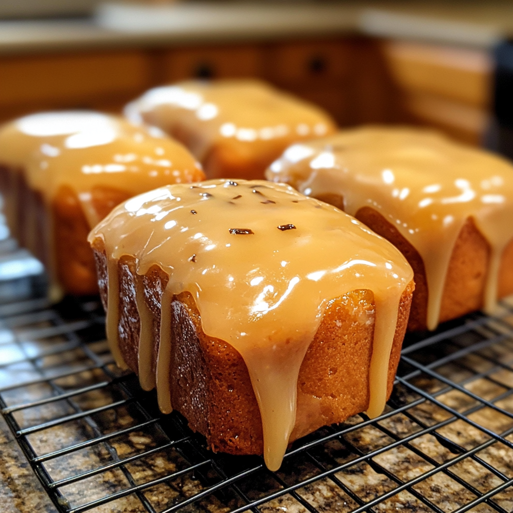 Three Vanilla-Glazed Mini Loaves on Wire Rack