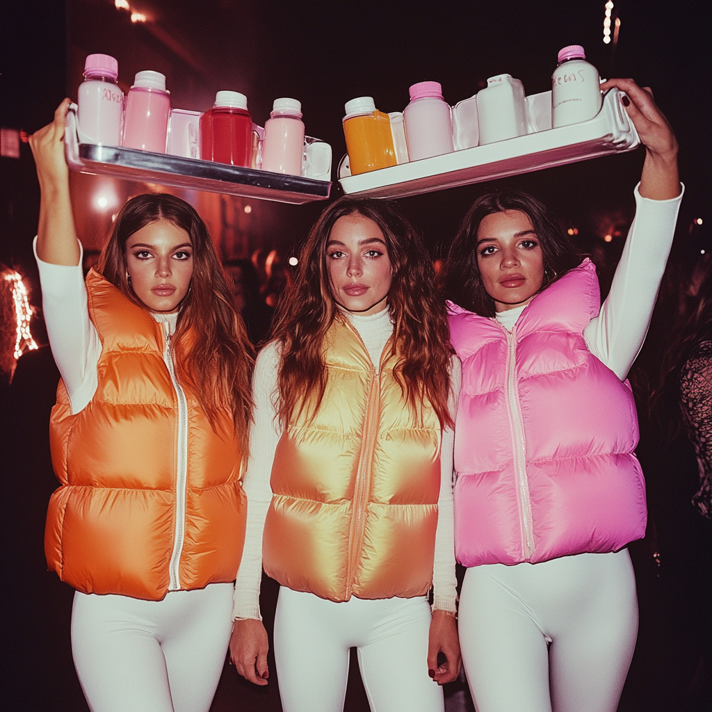 Three Women in Puffer Vests at Club