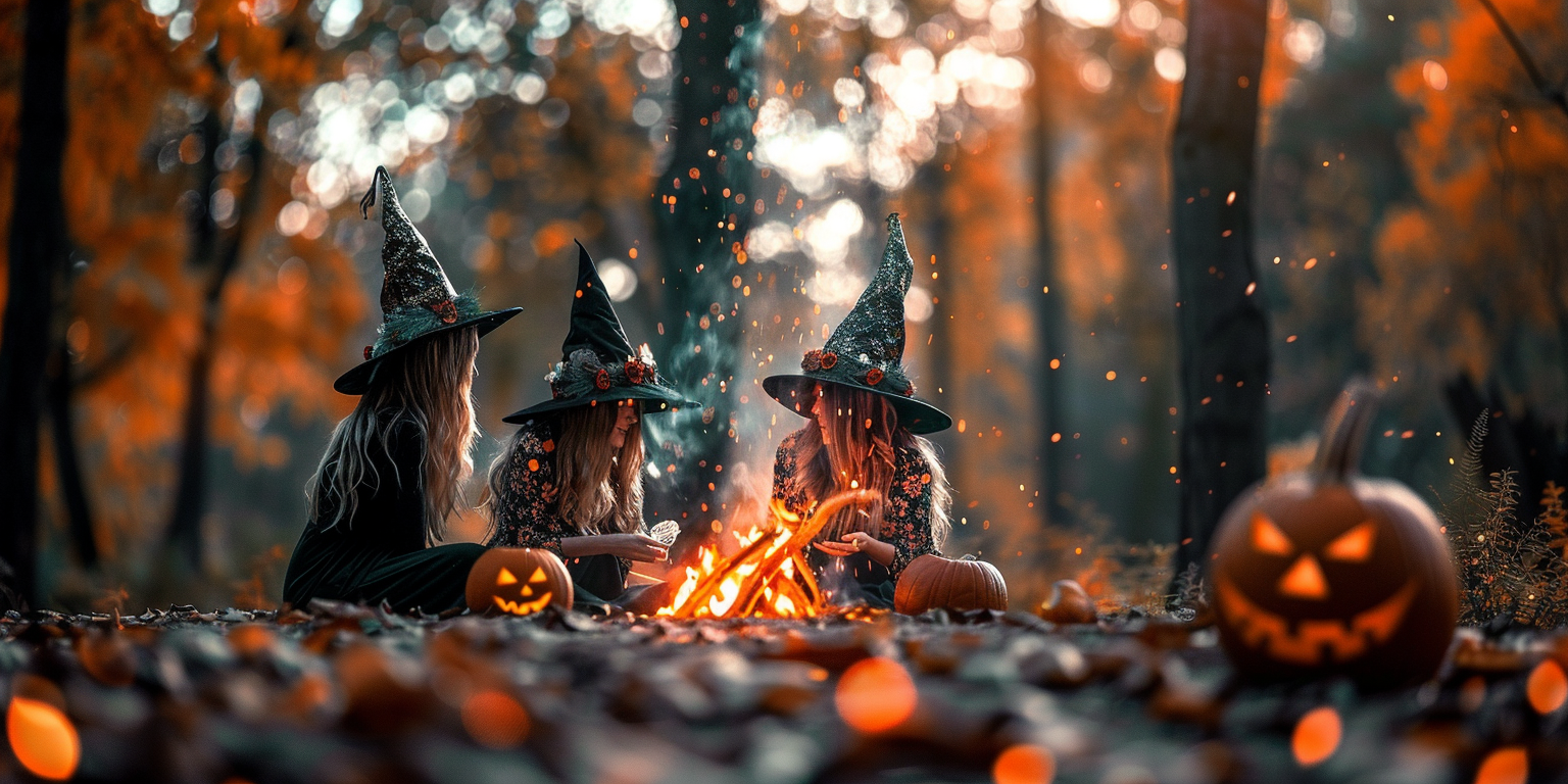 Three Women in Witch Hats at Magical Bonfire