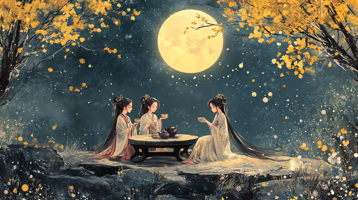 Three Young Girls in Ancient Chinese Costumes Chatting 