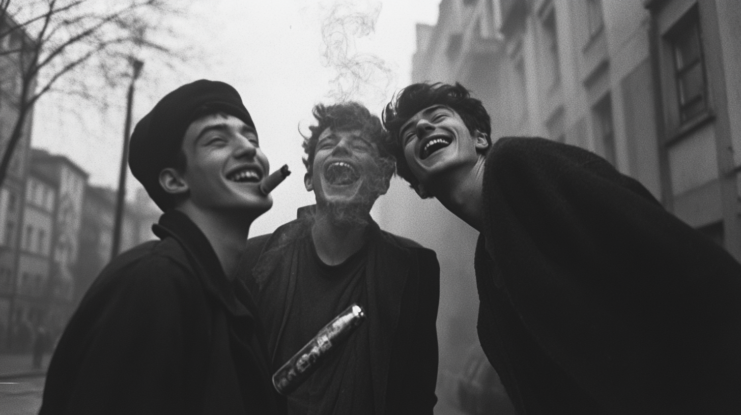 Three Young Hippies in Berlin Photobooth Laughing