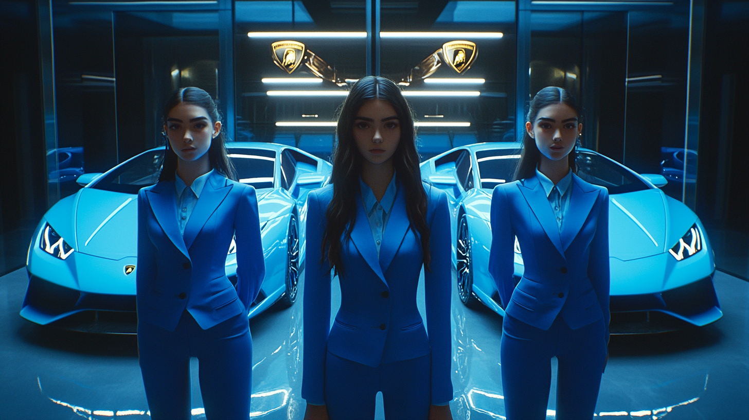 Three beautiful tall girls in elegant blue suits.