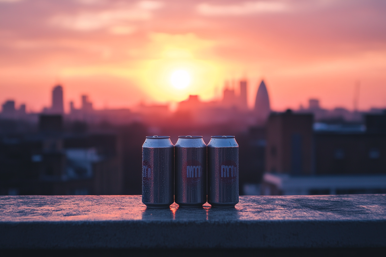 Three beer cans on rooftop ledge at sunset.