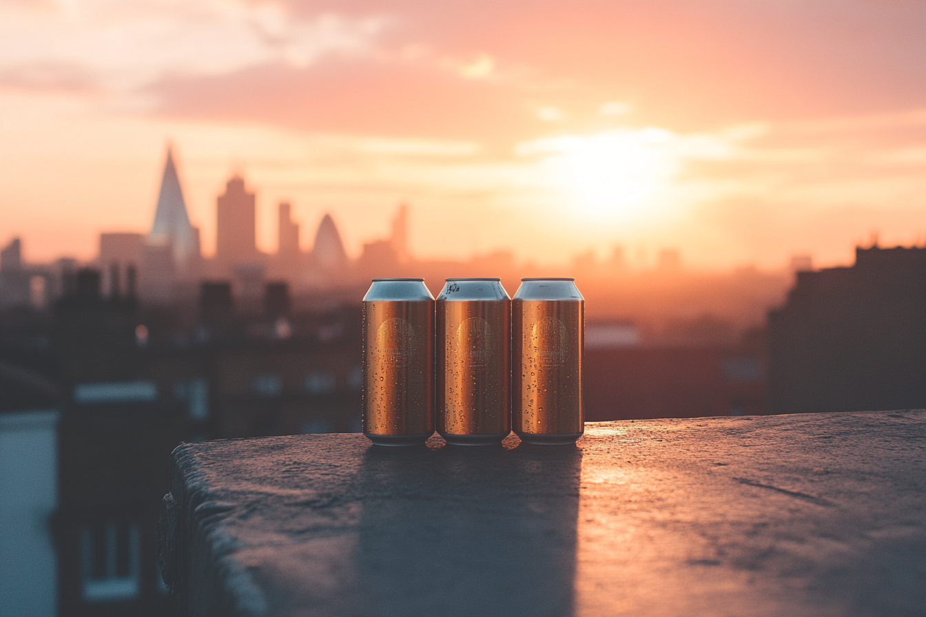 Three beer cans on rooftop looking over London.