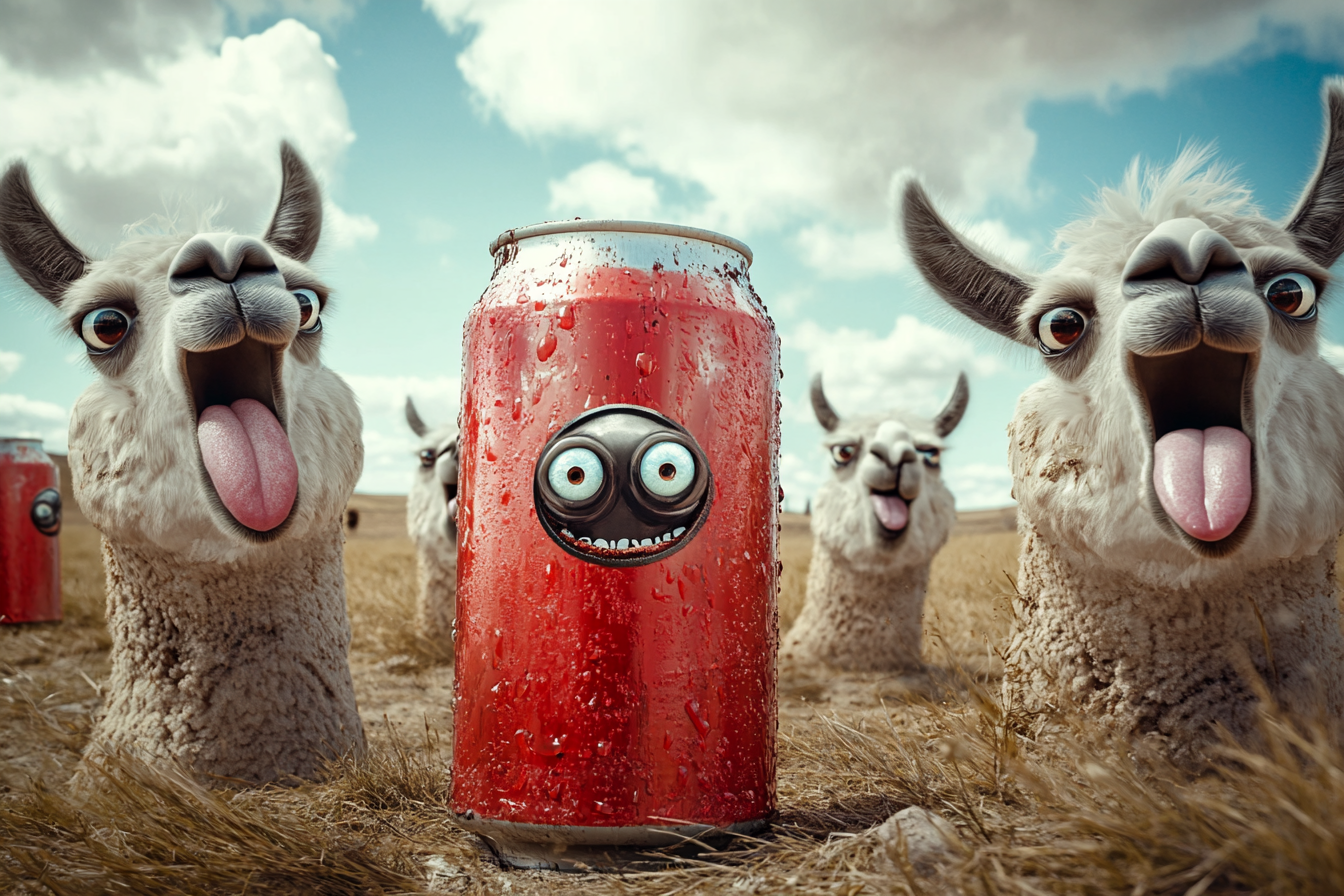 Three big beer cans among goofy llamas in field.