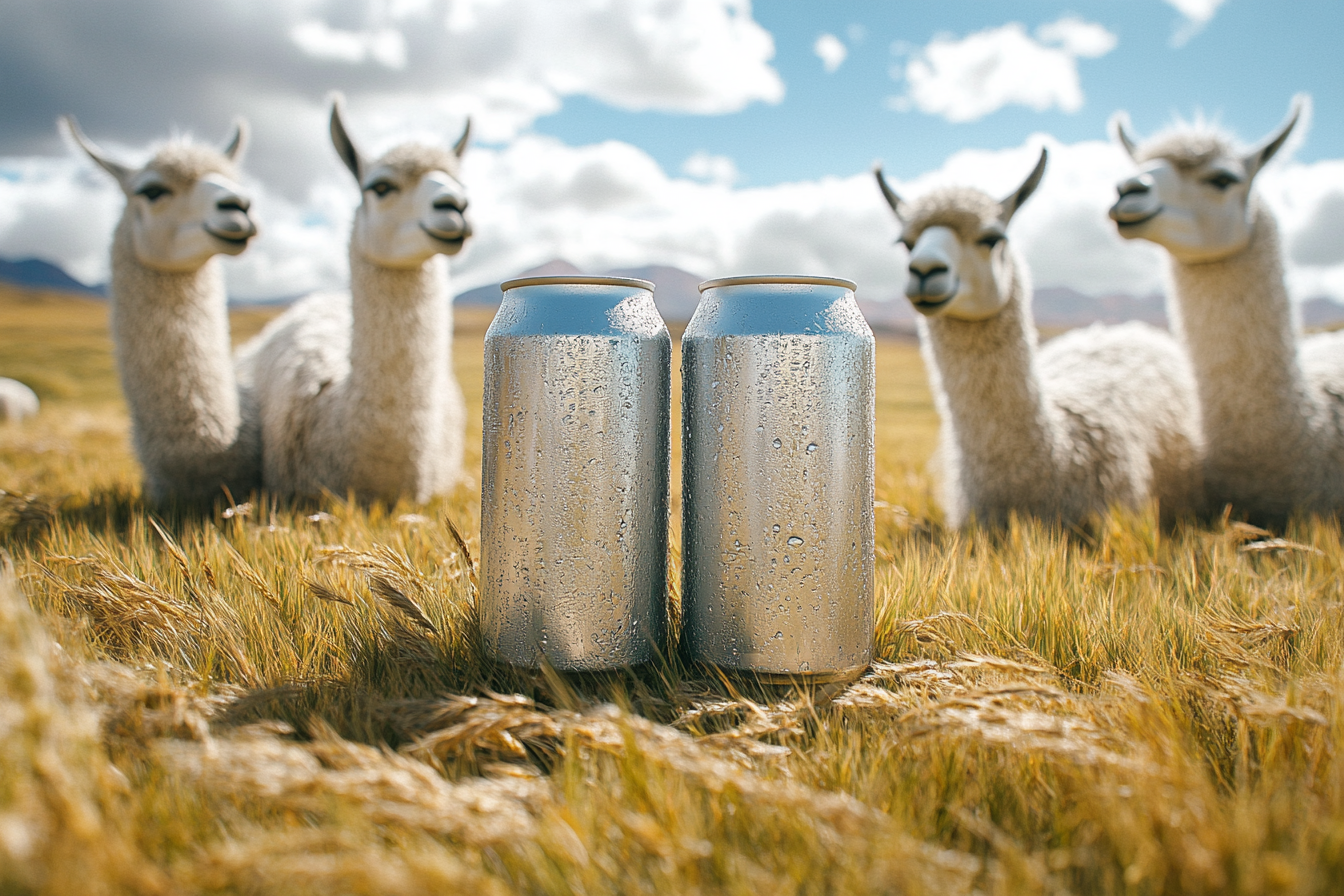 Three big beer cans next to llamas in field.