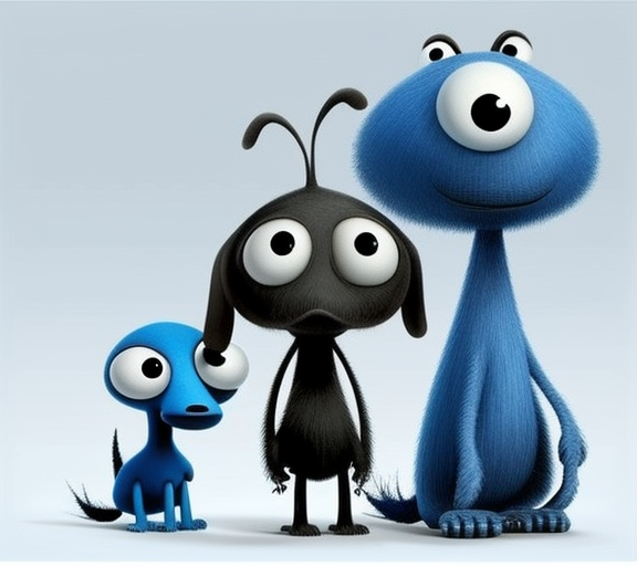 Three blue dog-like creatures with black fur cartoon-style.