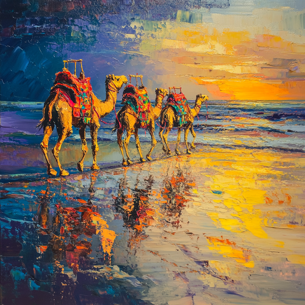 Three camels on beach with ropes, sunset shadows.