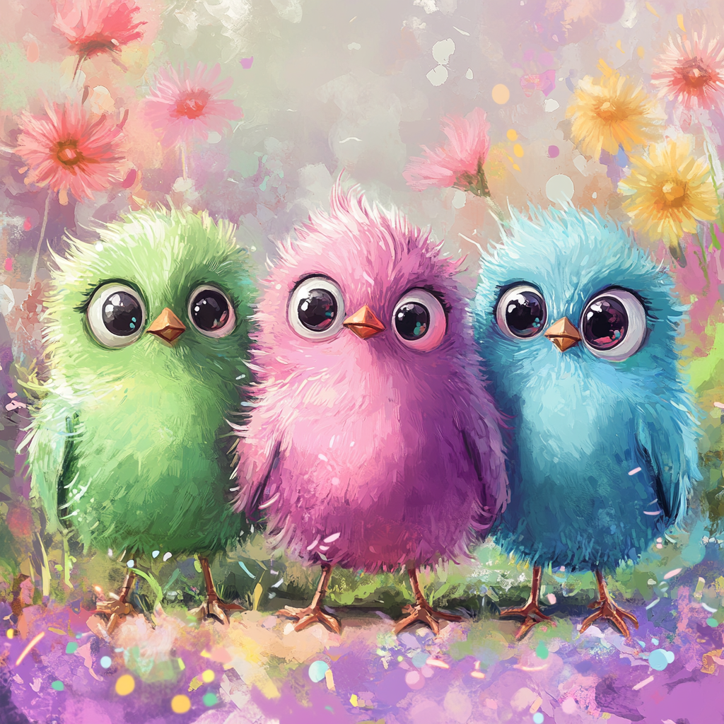 Three colorful fluffy birds in playful digital painting.