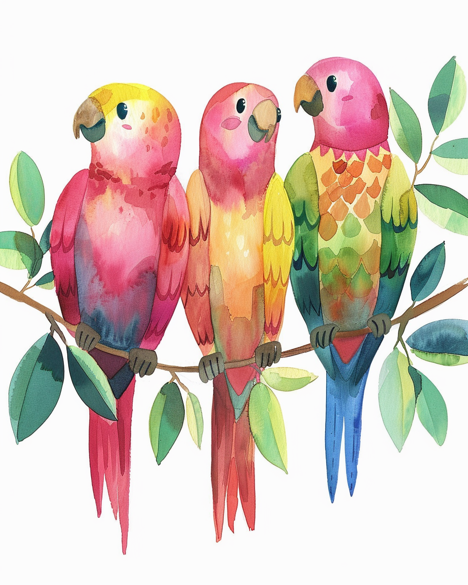 Three colorful parrots on branches in watercolor style