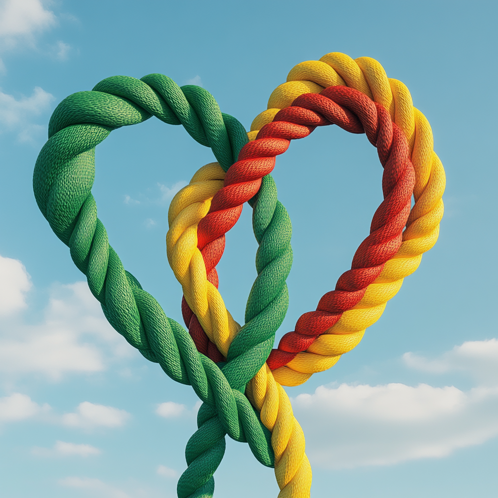 Three colorful ropes create heart in sky