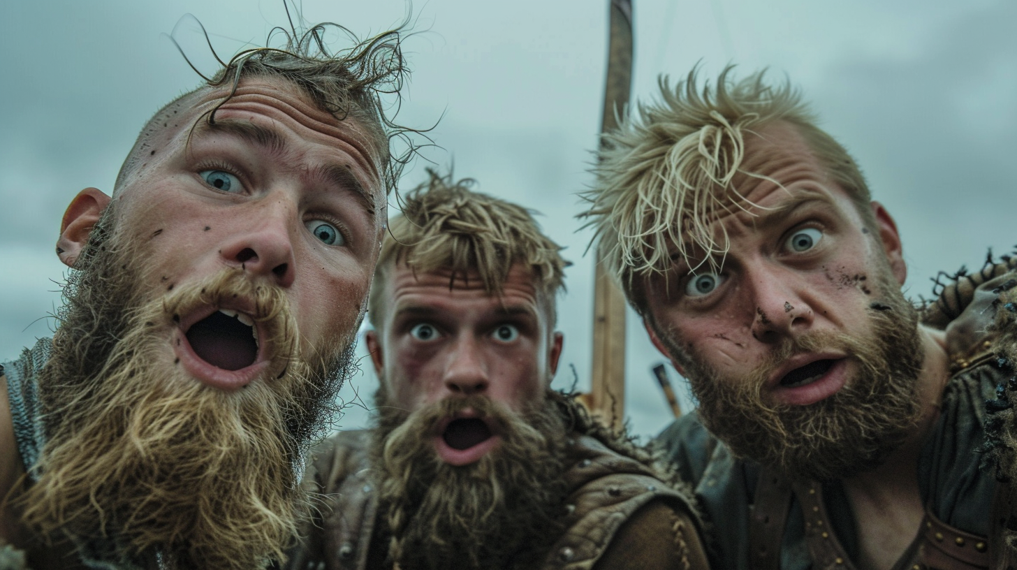 Three confused Viking friends posing for camera outdoors