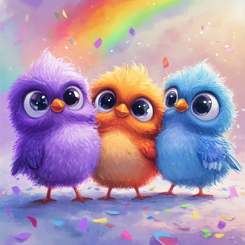 Three cute colorful birds under a rainbow