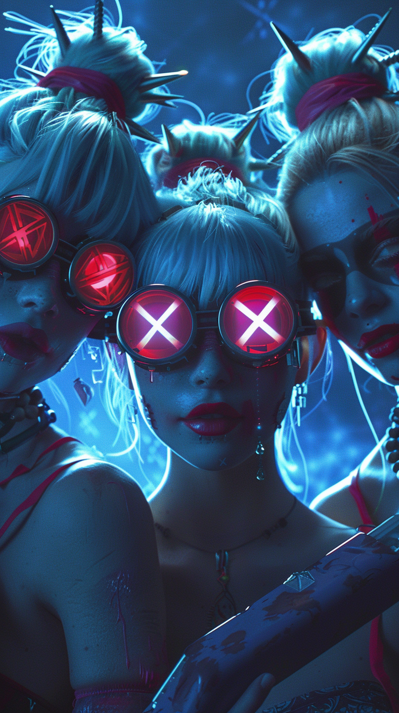 Three cyberpunk girls on ship with spiked baseball bat.