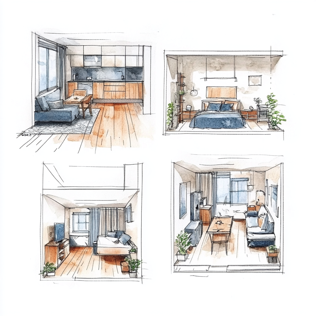 Three different floor plans, two bedrooms and salon.