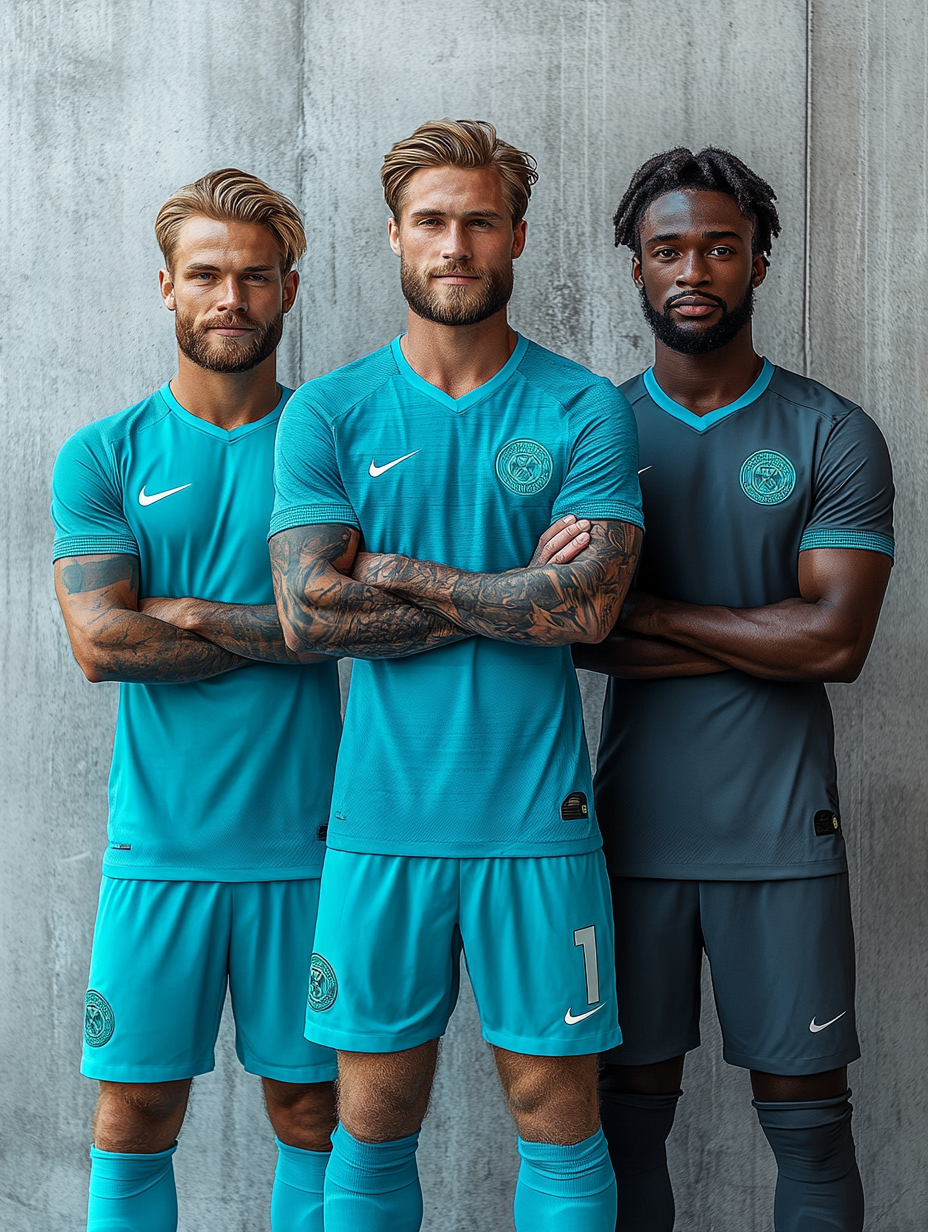 Three diverse male soccer players in cyan and black jerseys on grey background