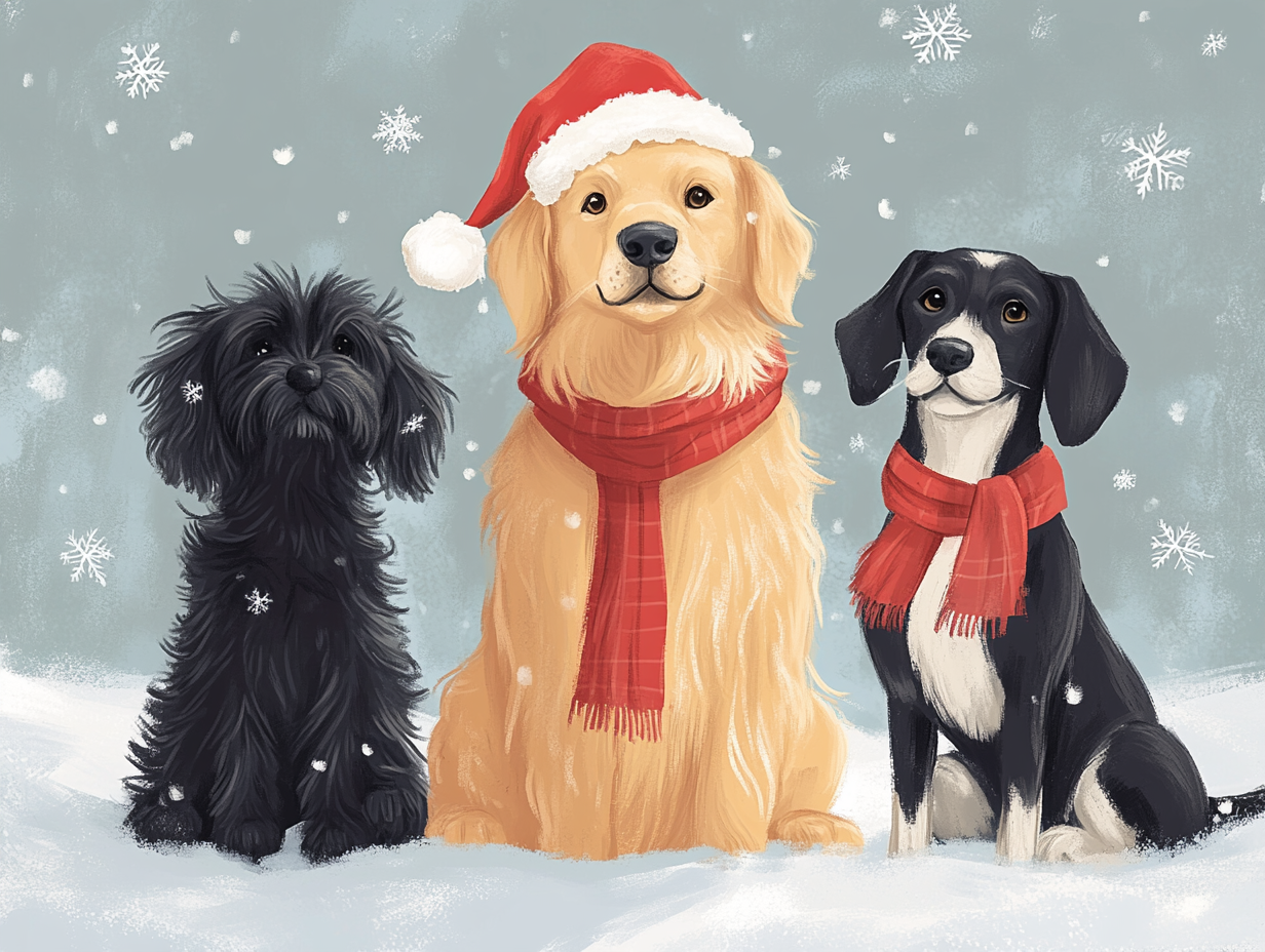 Three dogs with Santa hat and scarf in snow.