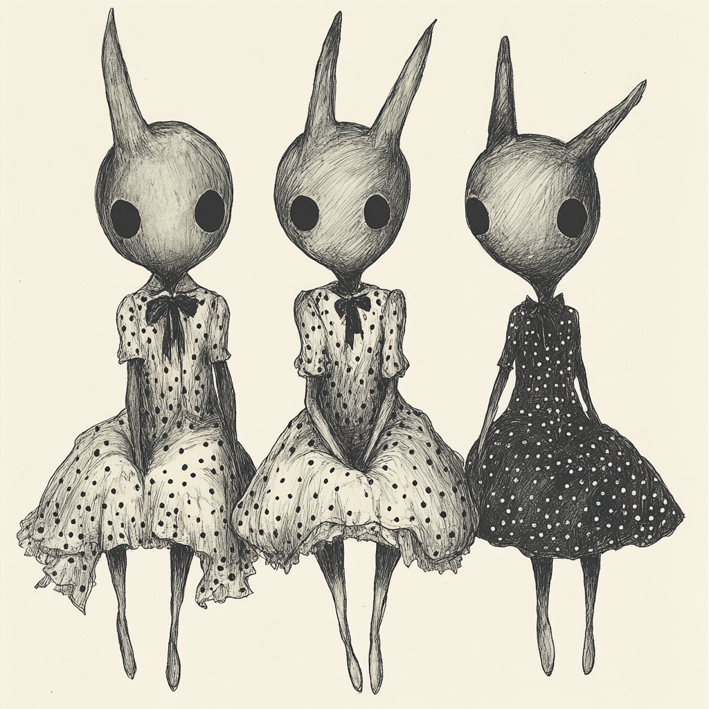 Three eerie doll-like characters wearing polka-dot outfits.