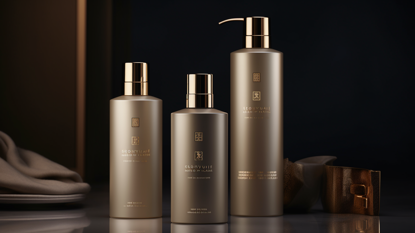 Three elegant skincare bottles with golden accents