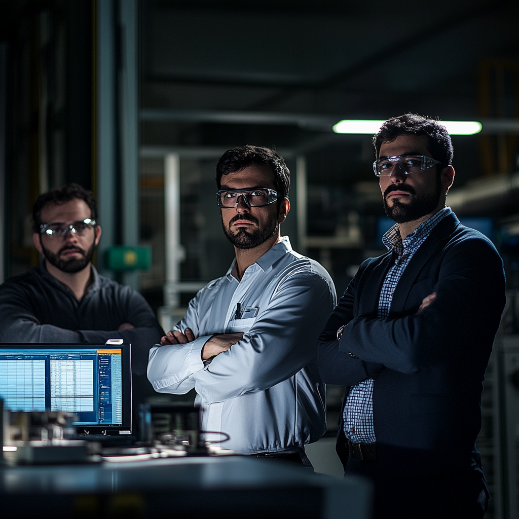 Three engineers, computers, configuring access point, coordinating inventory.