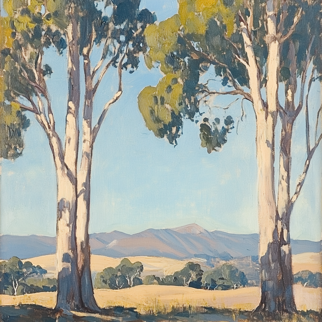 Three eucalyptus trees in Maynard Dixon style painting.