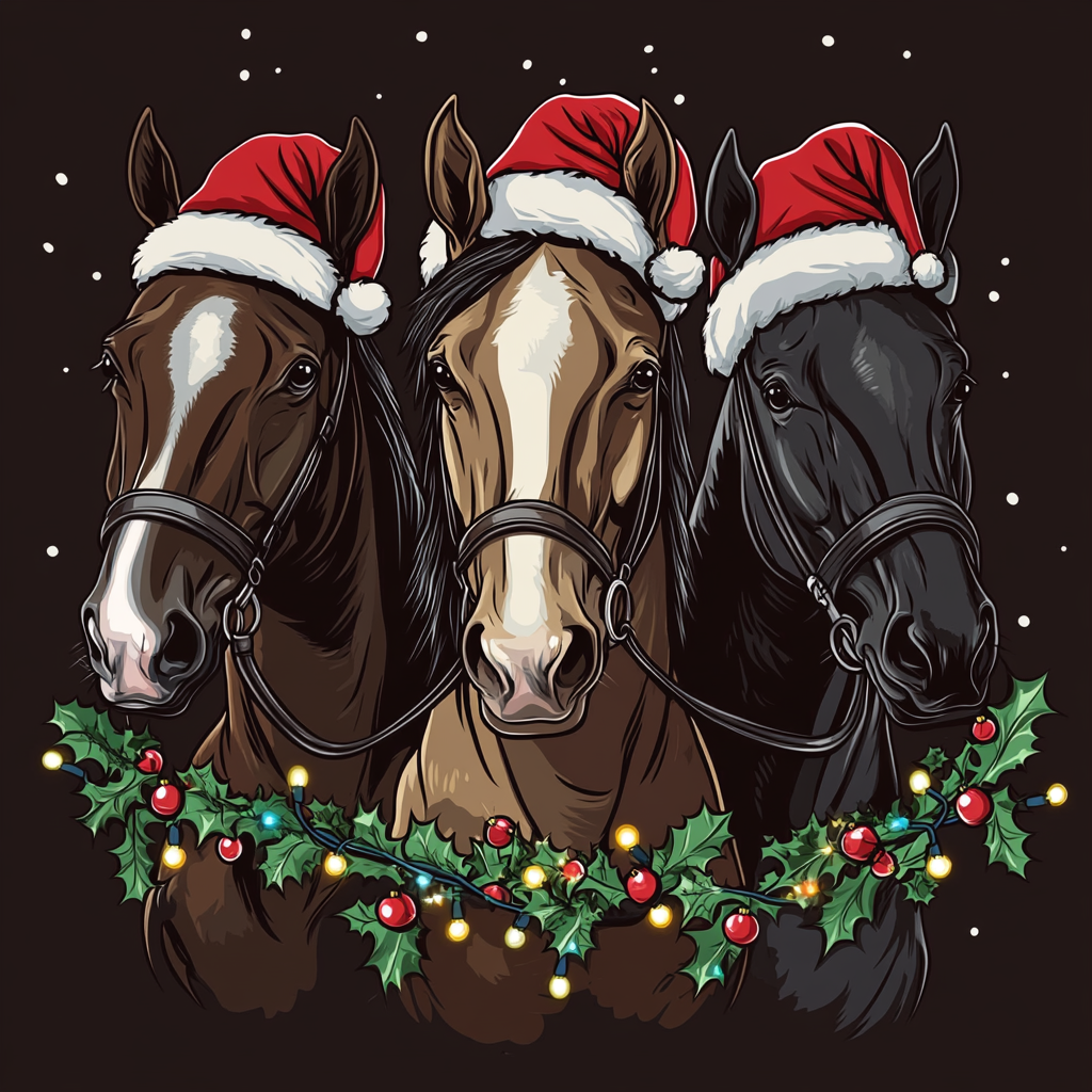 Three festive Morgan horses with Christmas decorations